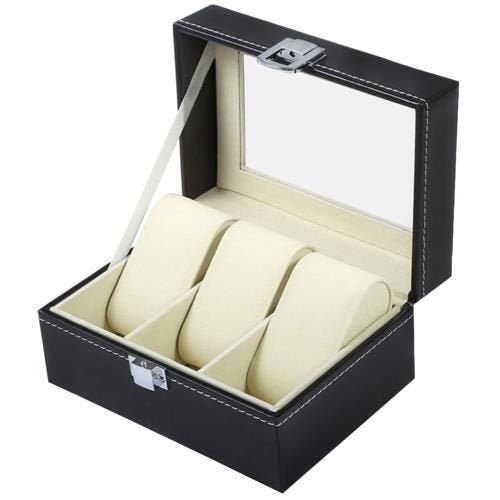 Black Faux Leather 3 Watch Case (6.5"x4.9"x4.1") - Tempus Kronos